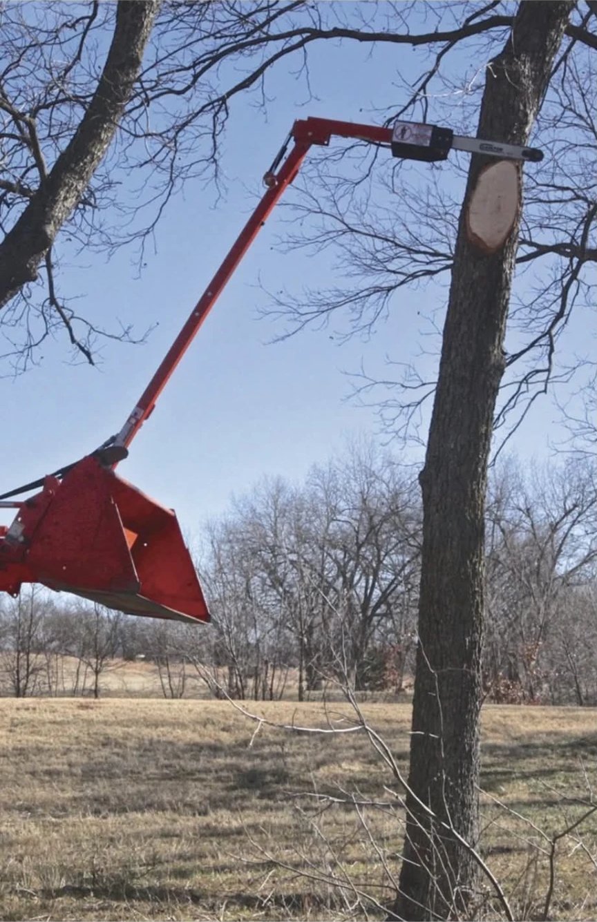 Tractor-mounted pole saw trimming a tree limb