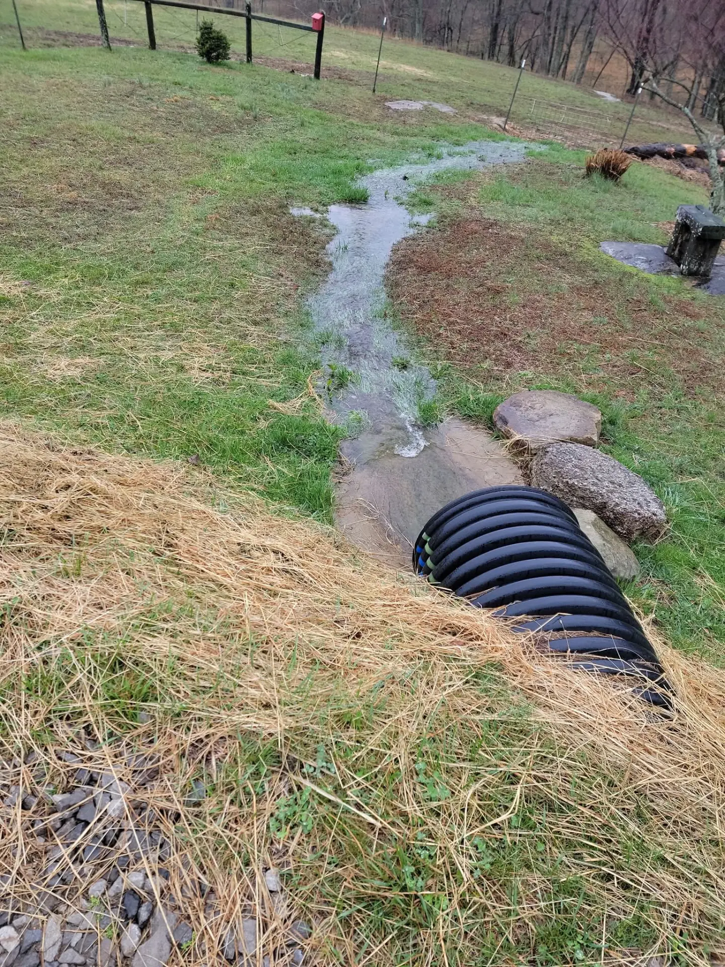 Culvert pipe outlet with rock armor carrying runoff across a yard